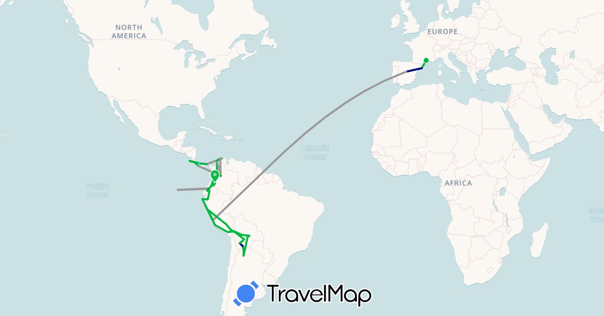 TravelMap itinerary: driving, bus, plane, boat, hitchhiking in Argentina, Bolivia, Colombia, Costa Rica, Ecuador, Spain, France, Panama, Peru (Europe, North America, South America)